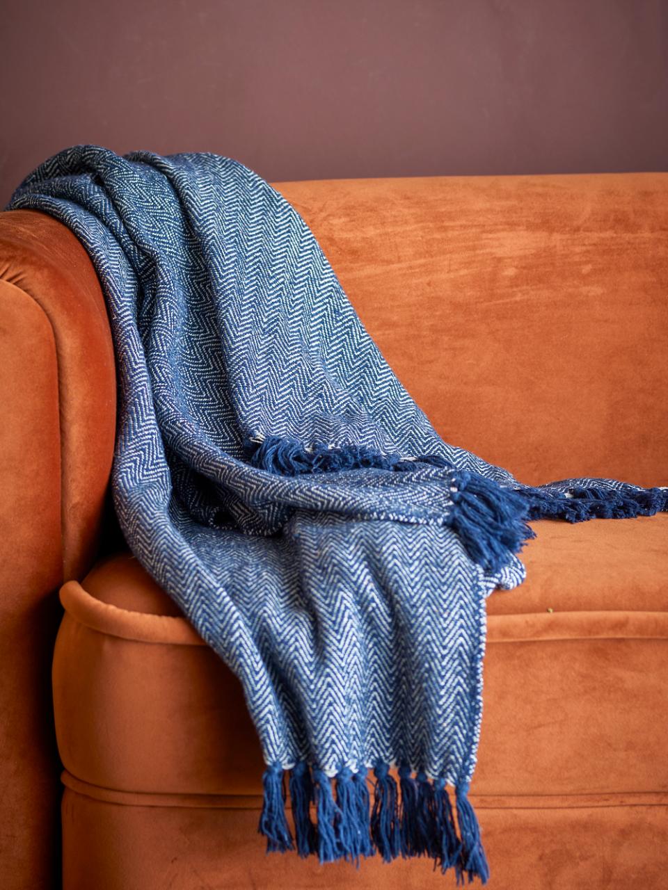 Herringbone Throw, Blue, Recycled Cotton