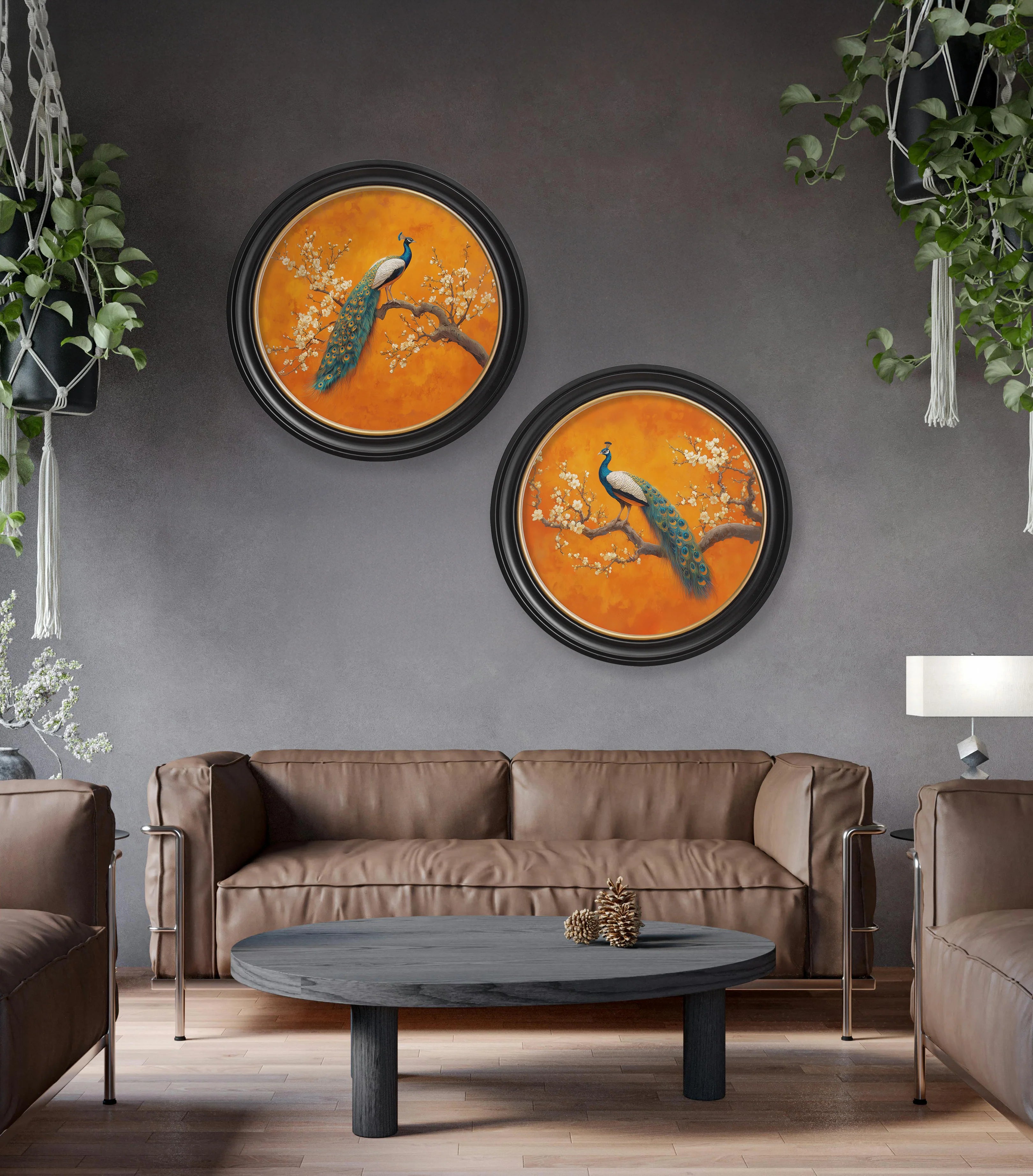 Peacocks In Saffron Garden - Oxford Round Frame