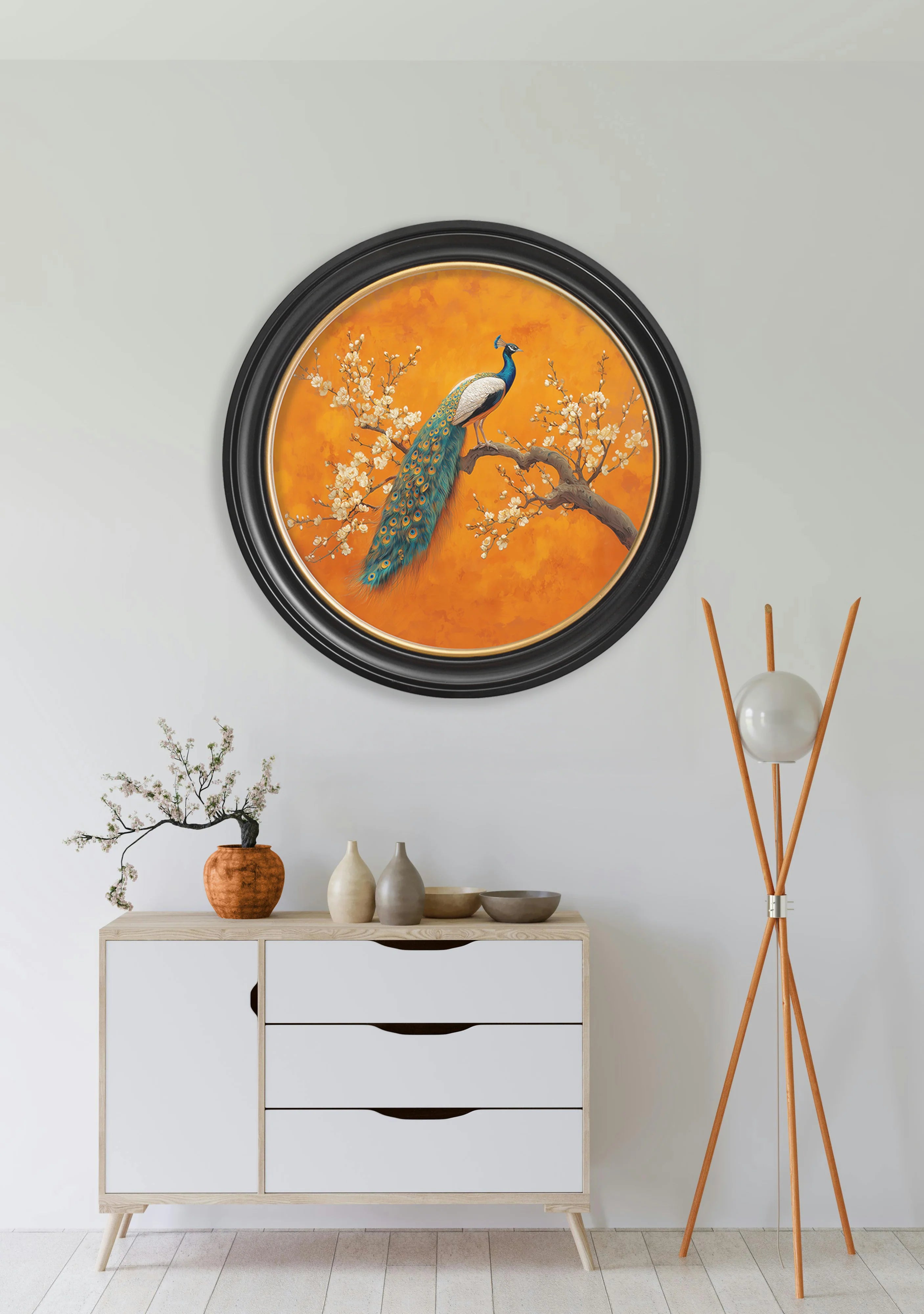 Peacocks In Saffron Garden - Oxford Round Frame