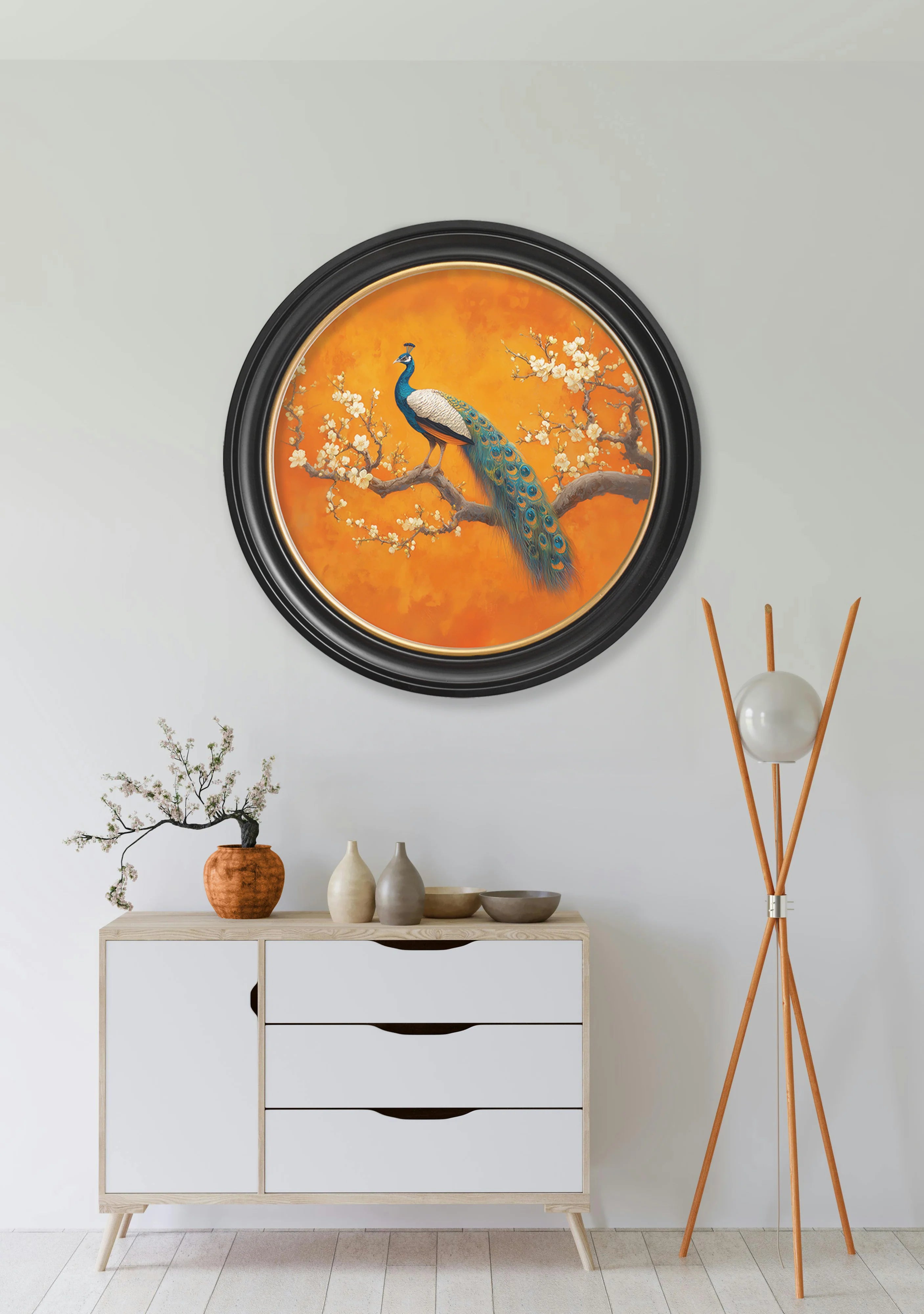 Peacocks In Saffron Garden - Oxford Round Frame