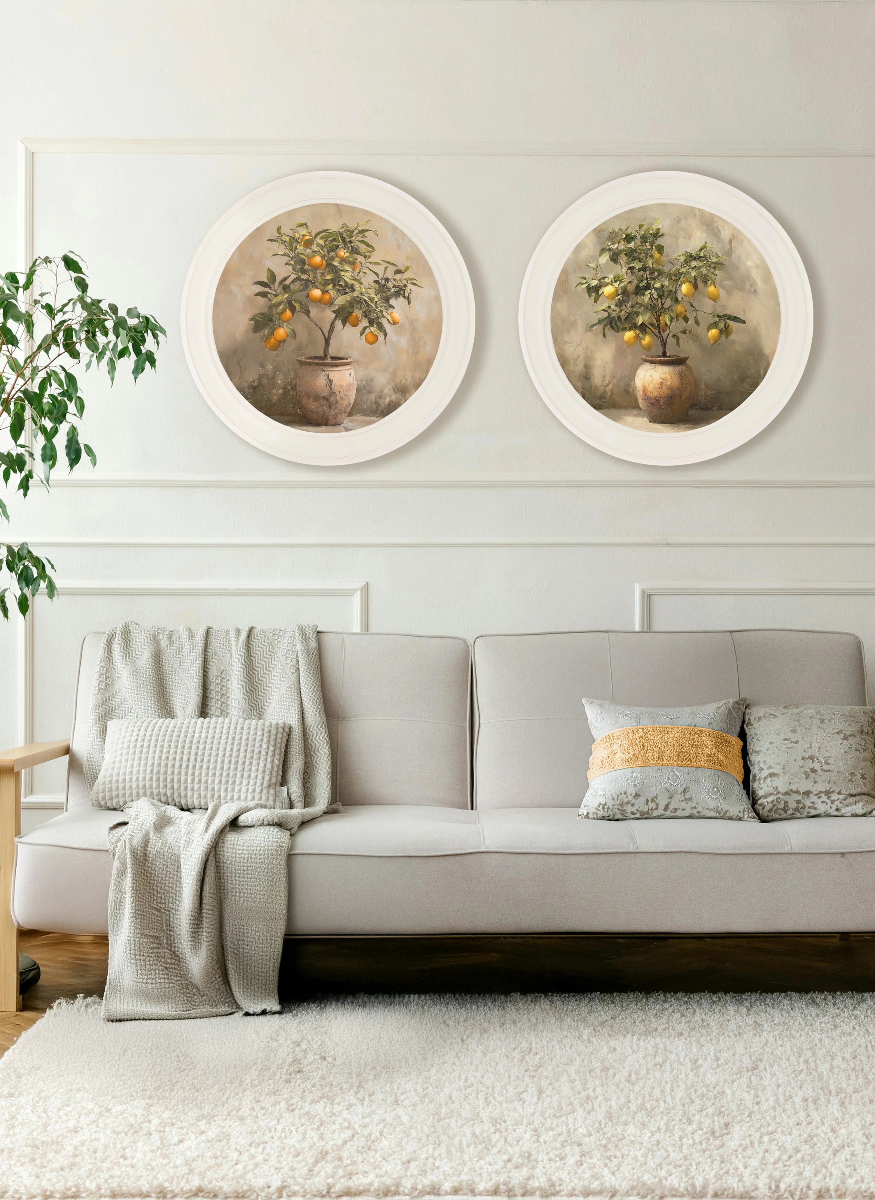 Mediterranean Orange Tree - Oxford Strong White Round Frame Mediterranean Orange Tree