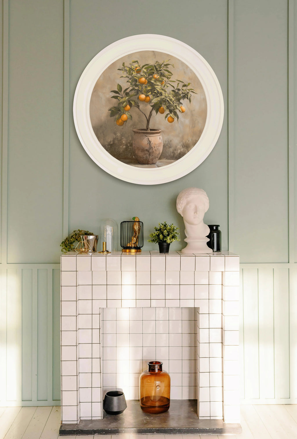 Mediterranean Orange Tree - Oxford Strong White Round Frame Mediterranean Orange Tree