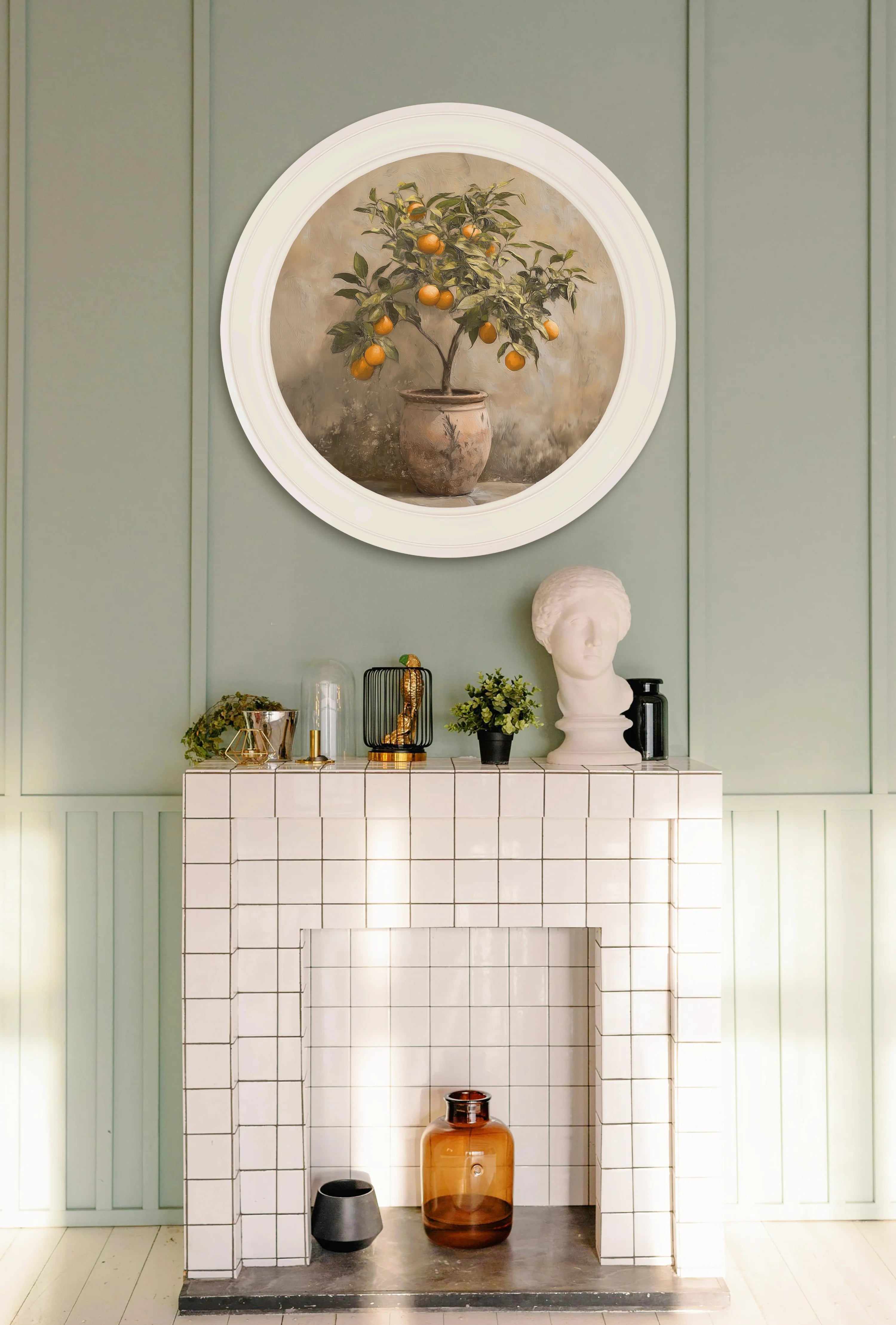 Mediterranean Orange Tree - Oxford Strong White Round Frame Mediterranean Orange Tree